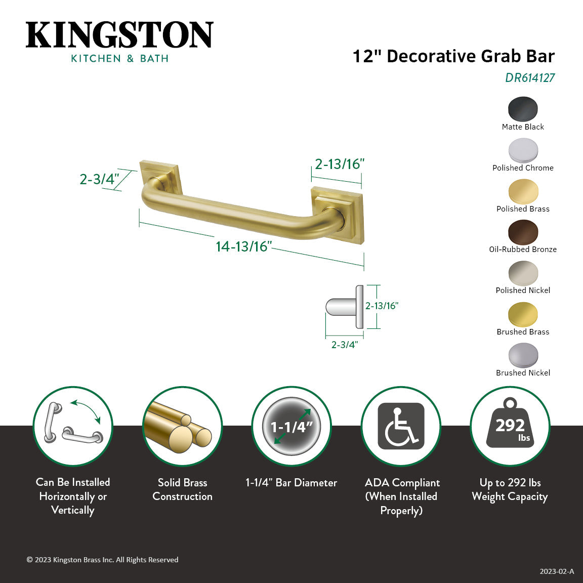 Claremont Thrive In Place DR614127 12-Inch x 1-1/4 Inch O.D Grab Bar, Brushed Brass