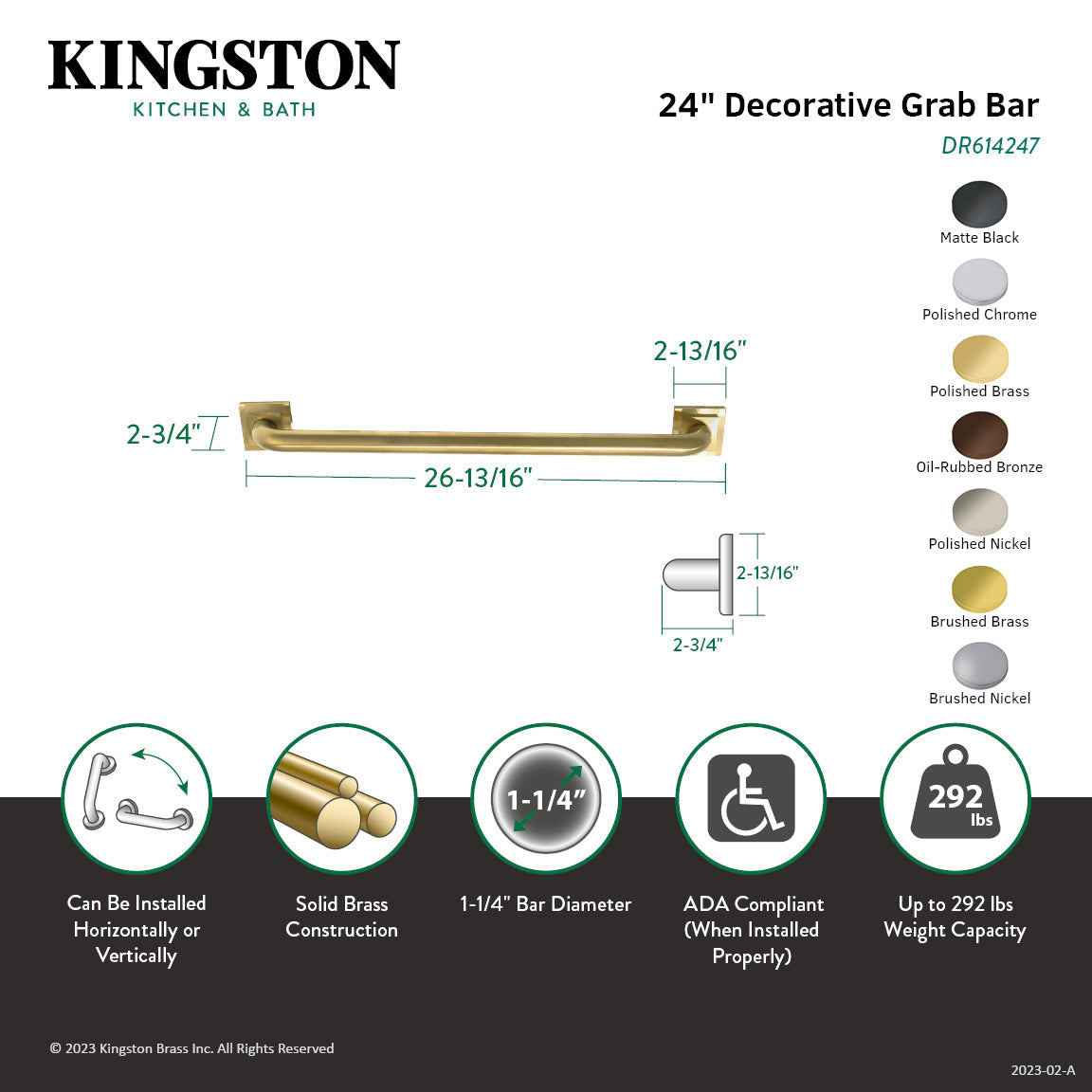 Claremont Thrive In Place DR614247 24-Inch x 1-1/4 Inch O.D Grab Bar, Brushed Brass