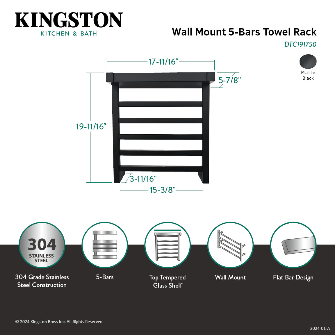 Markus DTC191750 Stainless Steel Wall Mount Towel Rack with Shelf, Matte Black
