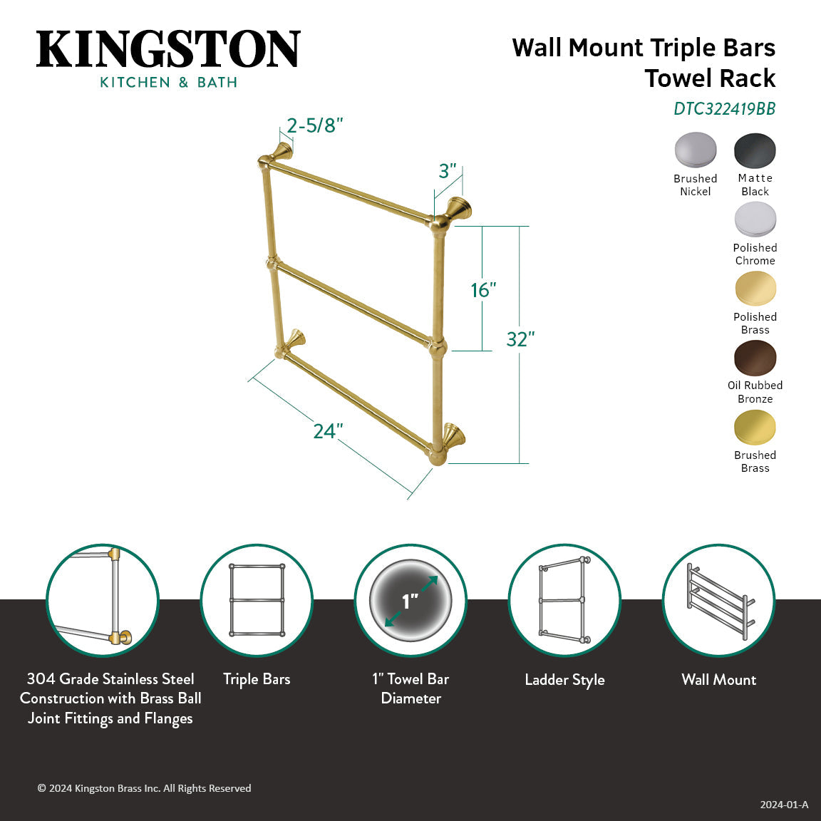 Maximilien DTC322419SN 24-Inch Wall Mount 3-Bar Towel Rack, Brushed Nickel