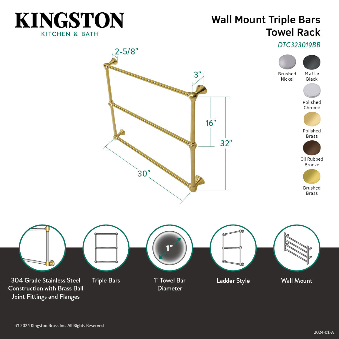 Maximilien DTC323019SN 30-Inch Wall Mount 3-Bar Towel Rack, Brushed Nickel