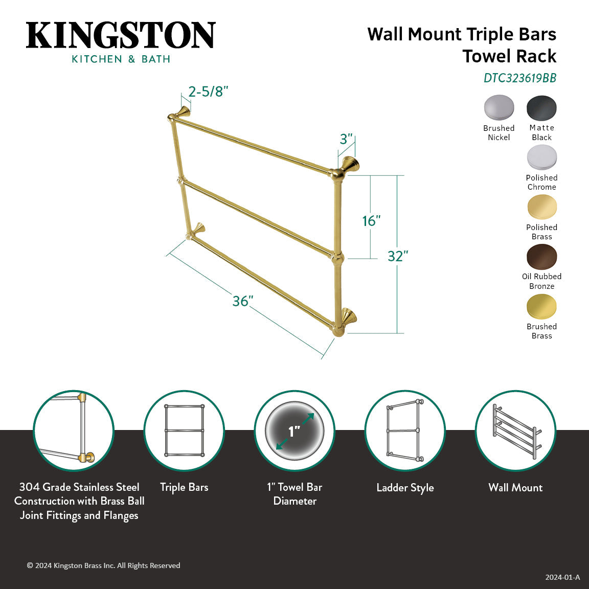 Maximilien DTC323619MB 36-Inch Wall Mount 3-Bar Towel Rack, Matte Black