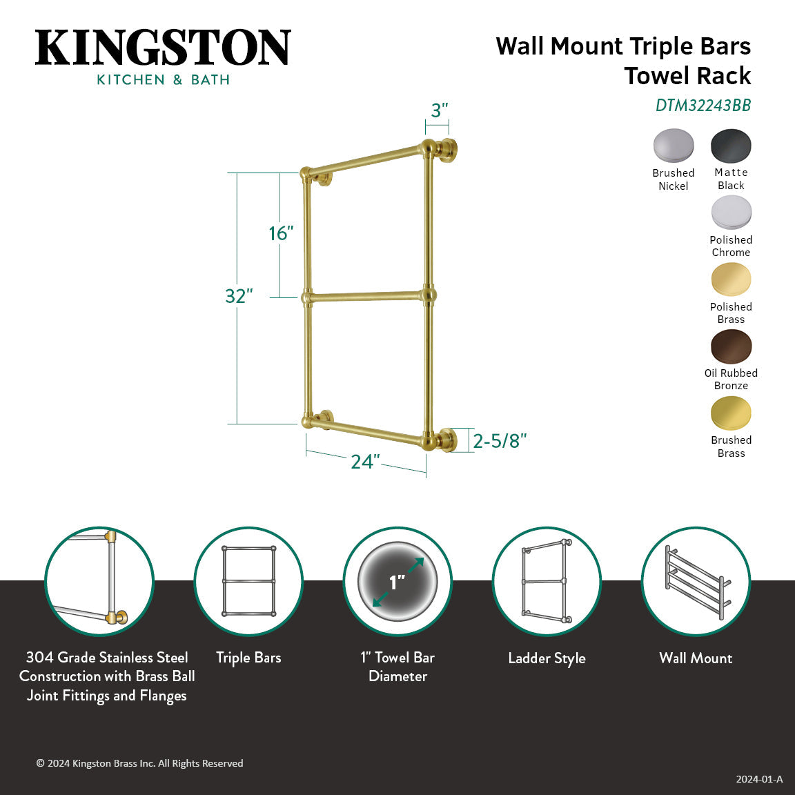 Palatine DTM32243MB 24-Inch Wall Mount 3-Bar Towel Rack, Matte Black