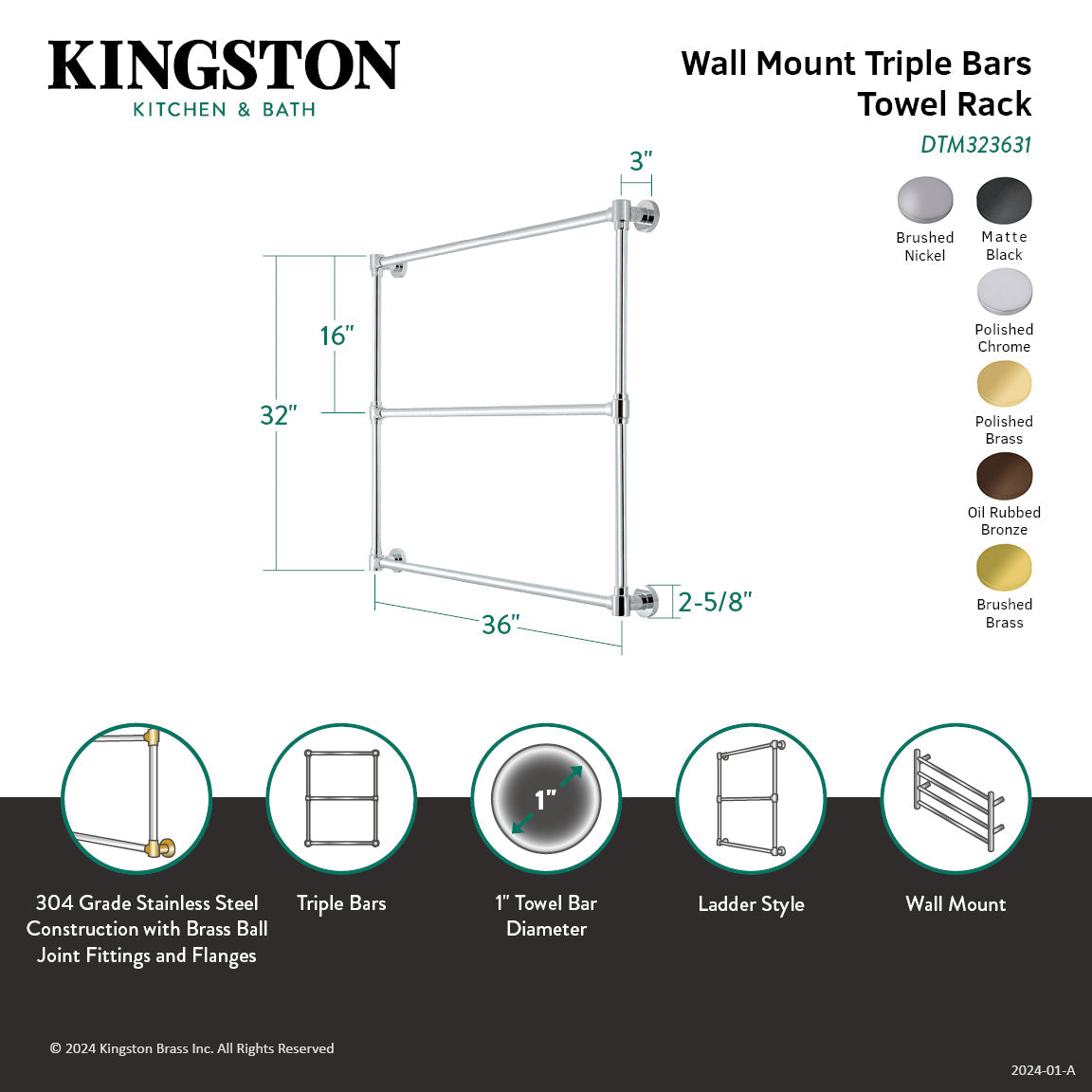 Gallant DTM323638 36-Inch Wall Mount 3-Bar Towel Rack, Brushed Nickel