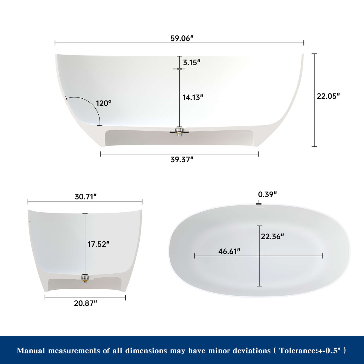 New England Home Goods La 59" Freestanding Tub in White - Stone Resin Solid Surface