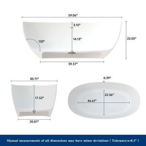 New England Home Goods La 59" Freestanding Tub in White - Stone Resin Solid Surface