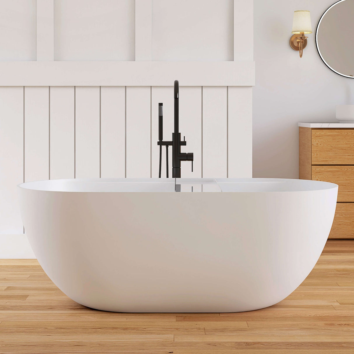 New England Home Goods Clearwater 59" Freestanding Tub in White - Stone Resin Solid Surface