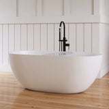 New England Home Goods 59" White Non-Slip Freestanding Solid Surface Stone Bathtub with Shelf