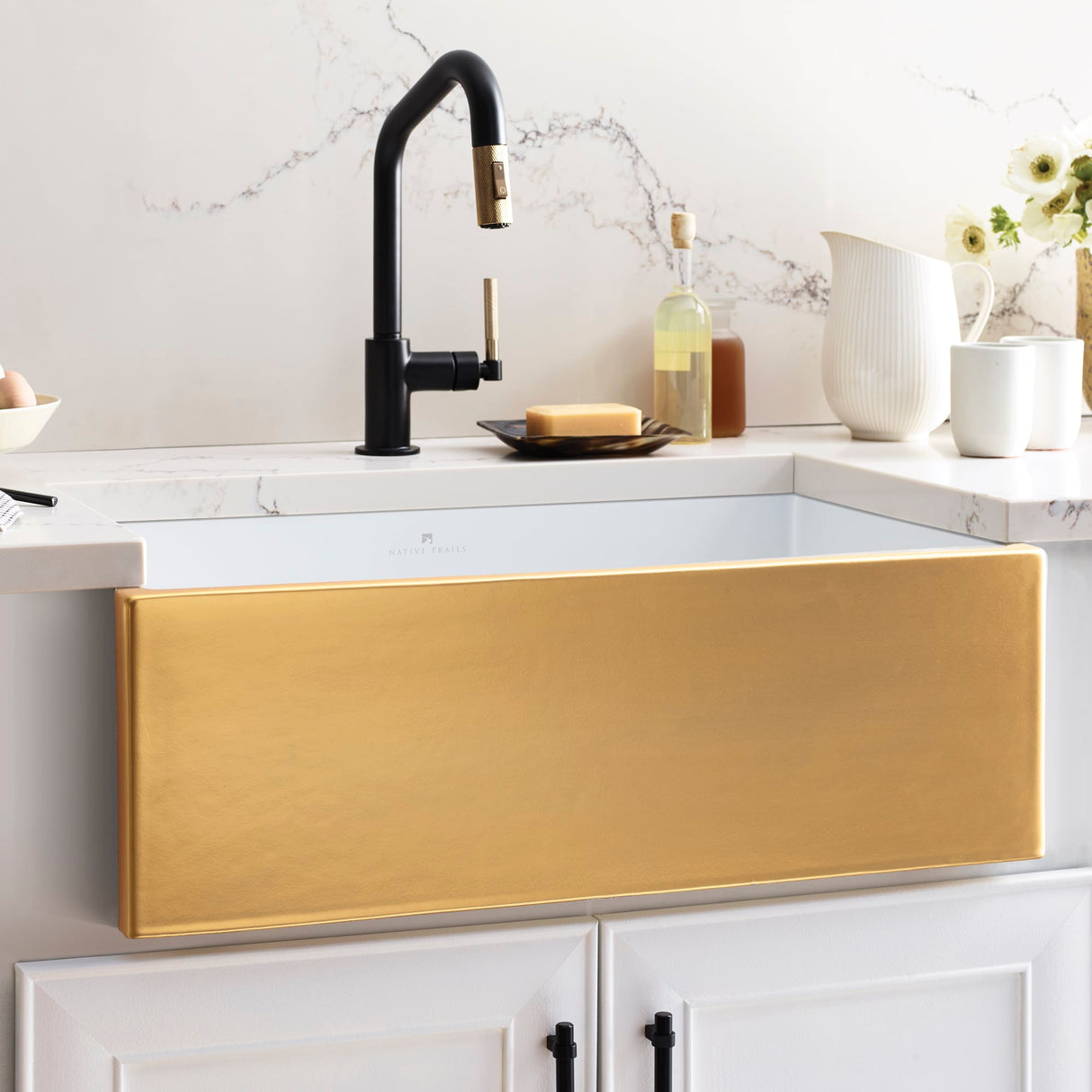 30" Gold Native Trails Precious Metals Dreamer Farmhouse Single Basin Fireclay Kitchen Sink Native Trails Dreamer Farmhouse Kitchen Sink PMK3018 (Showroom Display for Sale)