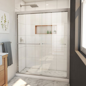 DreamLine Duet Plus 56-60 in. W x 72 in. H Semi-Frameless Bypass Sliding Shower Door in Brushed Nickel