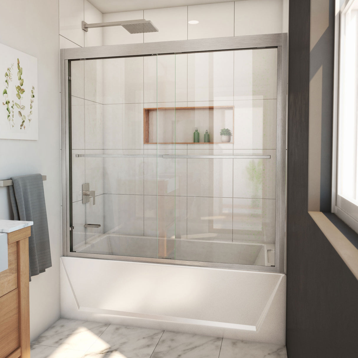 DreamLine Duet Plus 55-59 in. W x 58 in. H Semi-Frameless Bypass Sliding Tub Door in Brushed Nickel