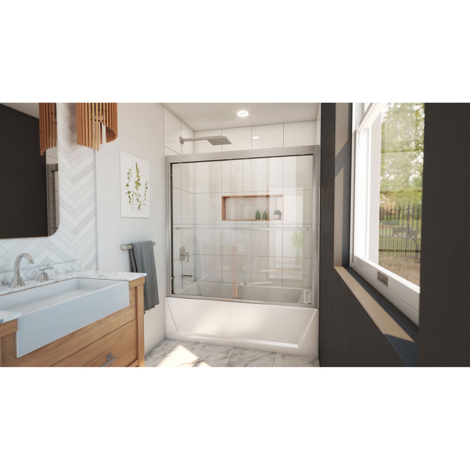DreamLine Duet Plus 55-59 in. W x 58 in. H Semi-Frameless Bypass Sliding Tub Door in Brushed Nickel