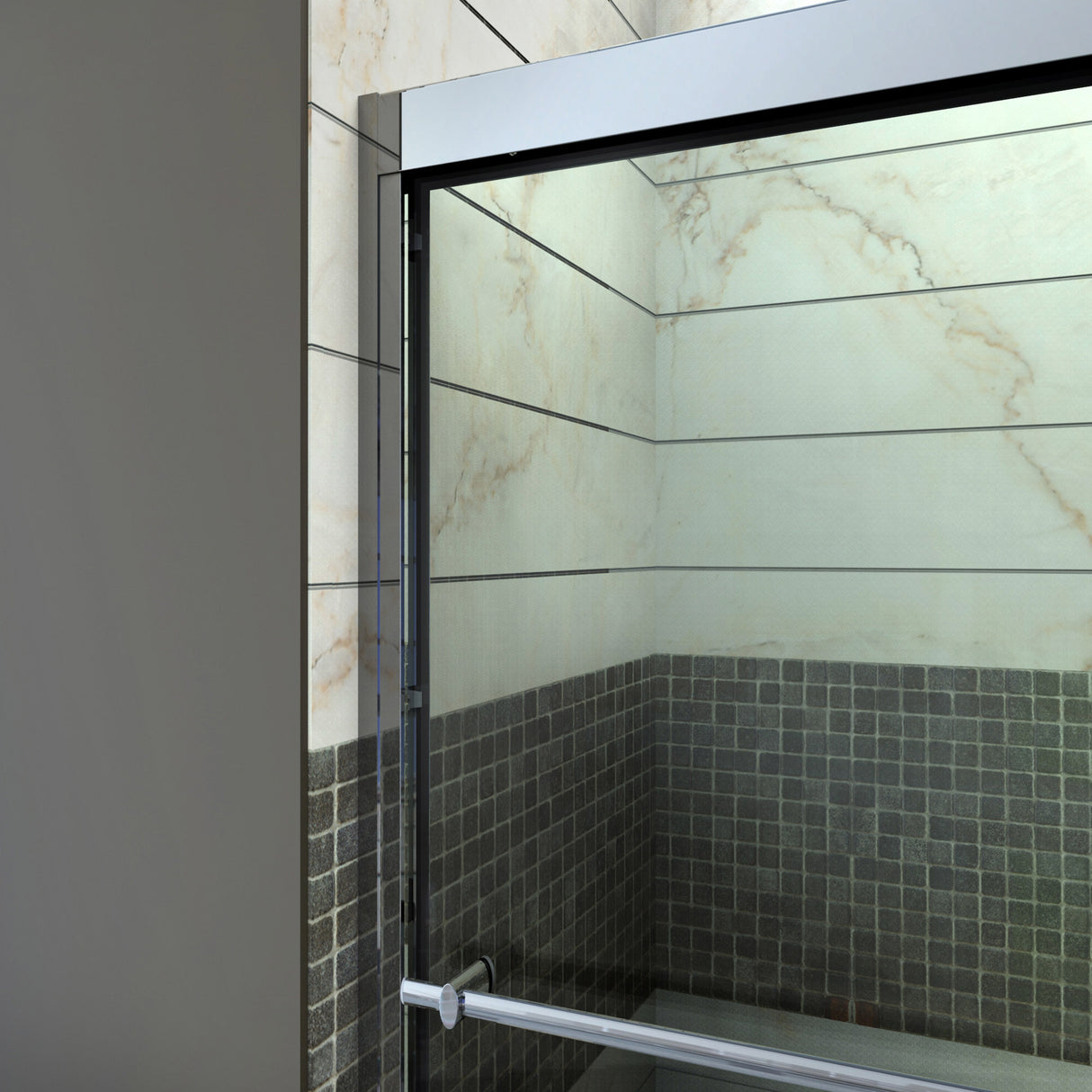 DreamLine Duet 30 in. D x 60 in. W x 74 3/4 in. H Semi-Frameless Bypass Shower Door in Chrome and Left Drain Black Base