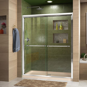 DreamLine Duet 30 in. D x 60 in. W x 74 3/4 in. H Semi-Frameless Bypass Shower Door in Chrome and Center Drain Biscuit Base