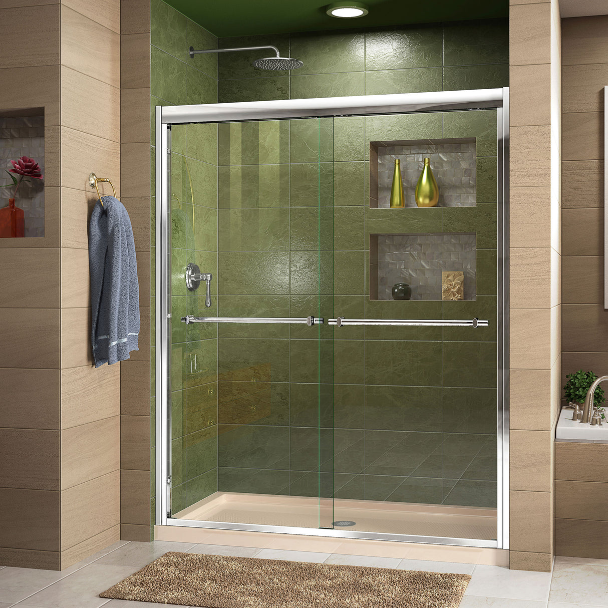 DreamLine Duet 34 in. D x 60 in. W x 74 3/4 in. H Semi-Frameless Bypass Shower Door in Chrome and Center Drain Biscuit Base