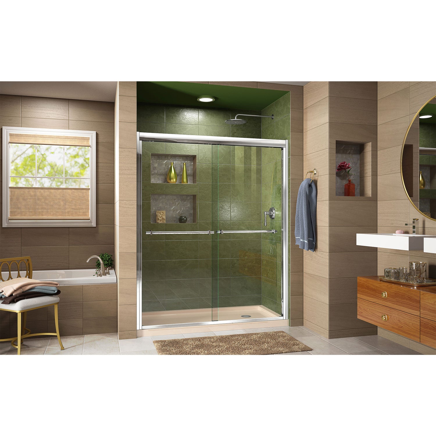DreamLine Duet 30 in. D x 60 in. W x 74 3/4 in. H Semi-Frameless Bypass Shower Door in Chrome and Right Drain Biscuit Base