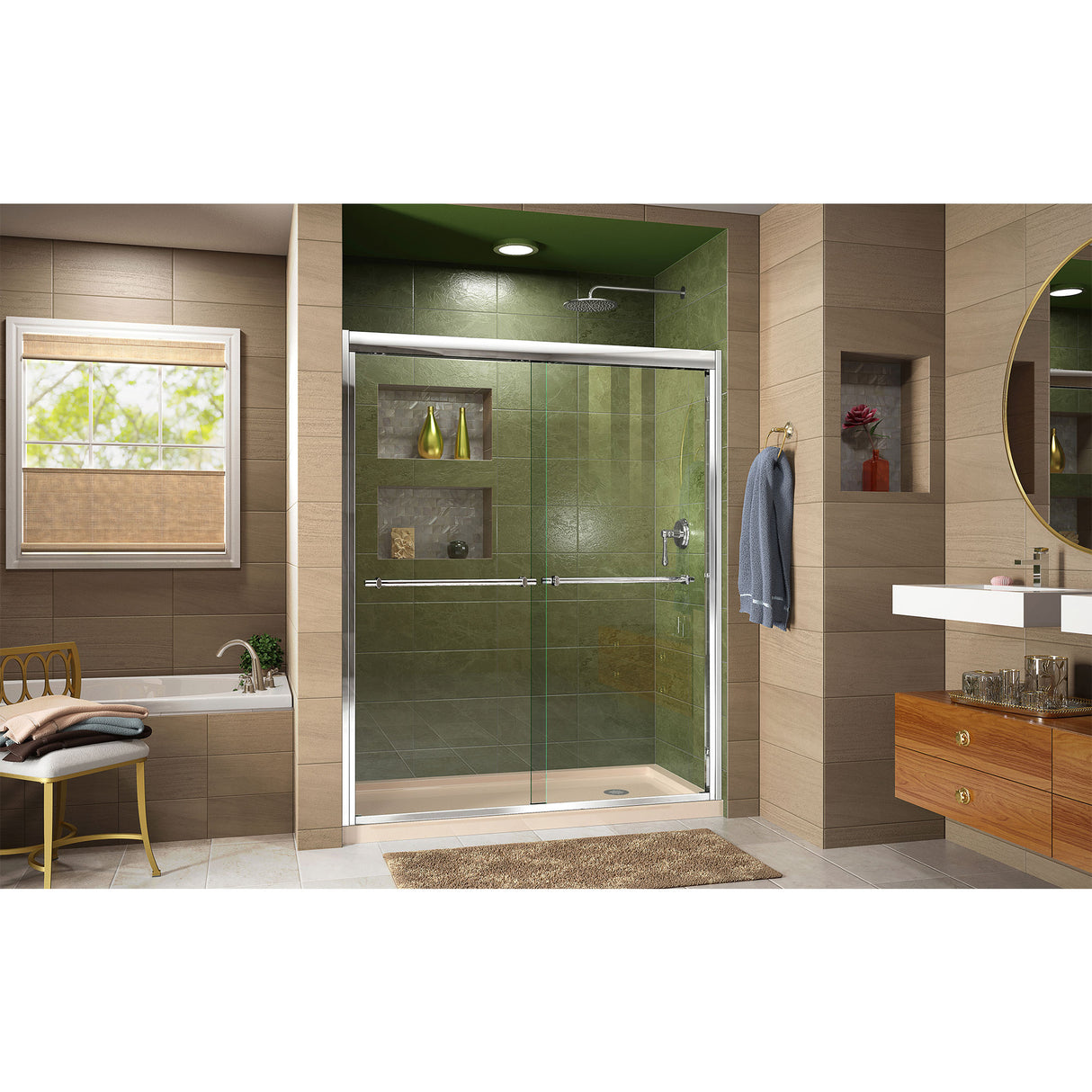 DreamLine Duet 34 in. D x 60 in. W x 74 3/4 in. H Semi-Frameless Bypass Shower Door in Chrome and Right Drain Biscuit Base