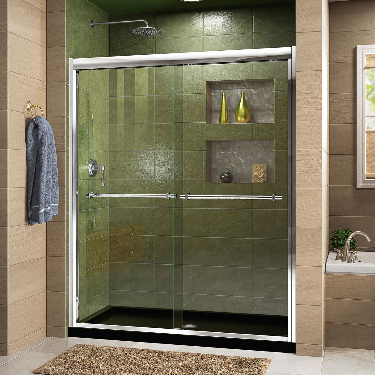 DreamLine Duet 30 in. D x 60 in. W x 74 3/4 in. H Semi-Frameless Bypass Shower Door in Chrome and Center Drain Black Base