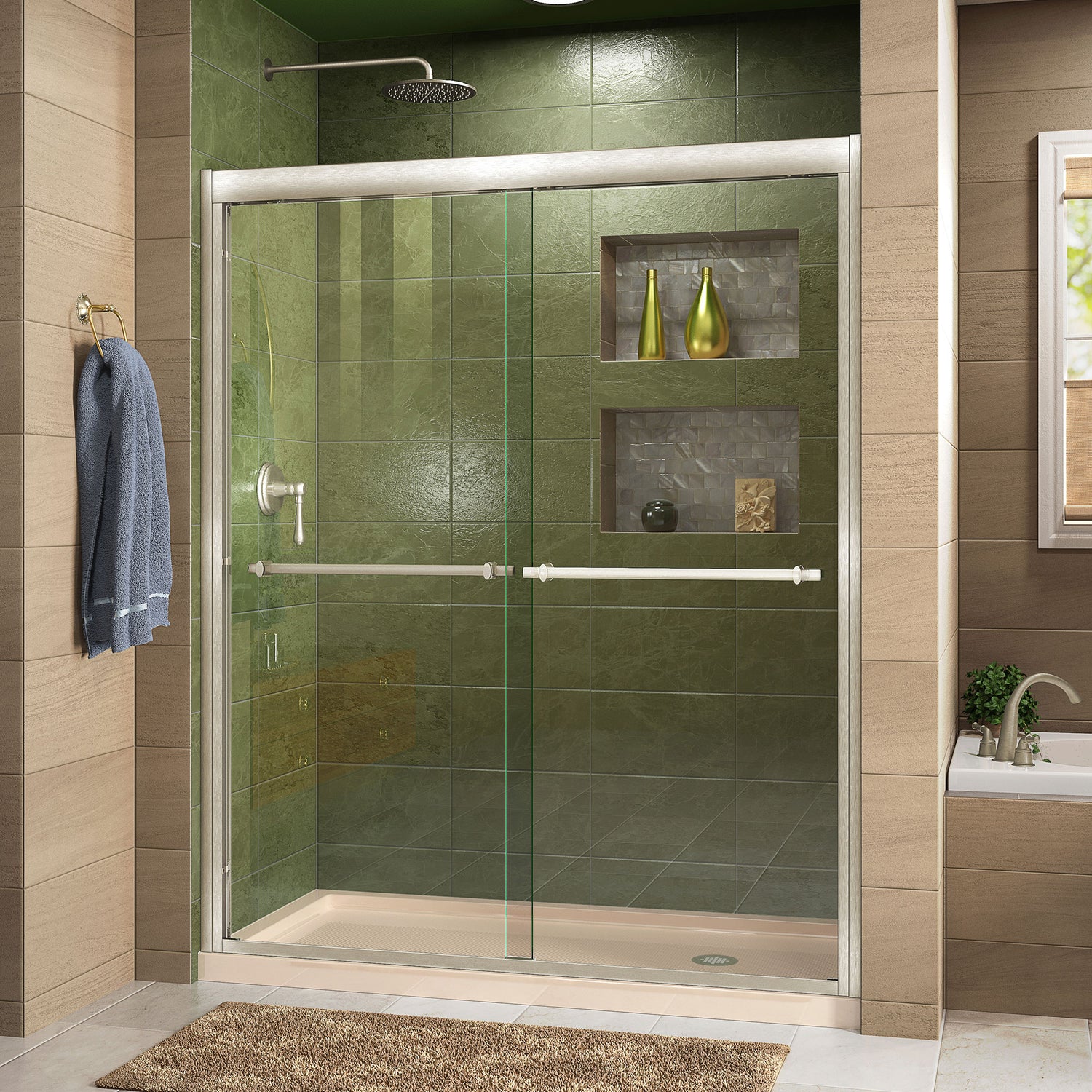 DreamLine Duet 30 in. D x 60 in. W x 74 3/4 in. H Semi-Frameless Bypass Shower Door in Brushed Nickel and Right Drain Biscuit Base