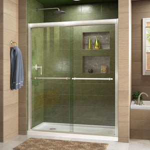DreamLine Duet 30 in. D x 60 in. W x 74 3/4 in. H Semi-Frameless Bypass Shower Door in Brushed Nickel and Left Drain White Base