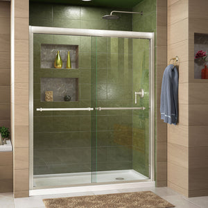 DreamLine Duet 34 in. D x 60 in. W x 74 3/4 in. H Semi-Frameless Bypass Shower Door in Brushed Nickel and Right Drain White Base