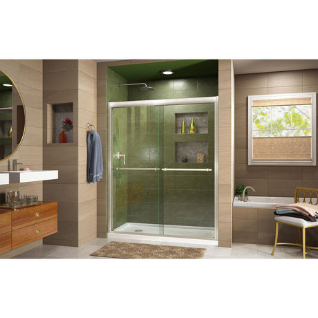 DreamLine Duet 30 in. D x 60 in. W x 74 3/4 in. H Semi-Frameless Bypass Shower Door in Brushed Nickel and Left Drain White Base