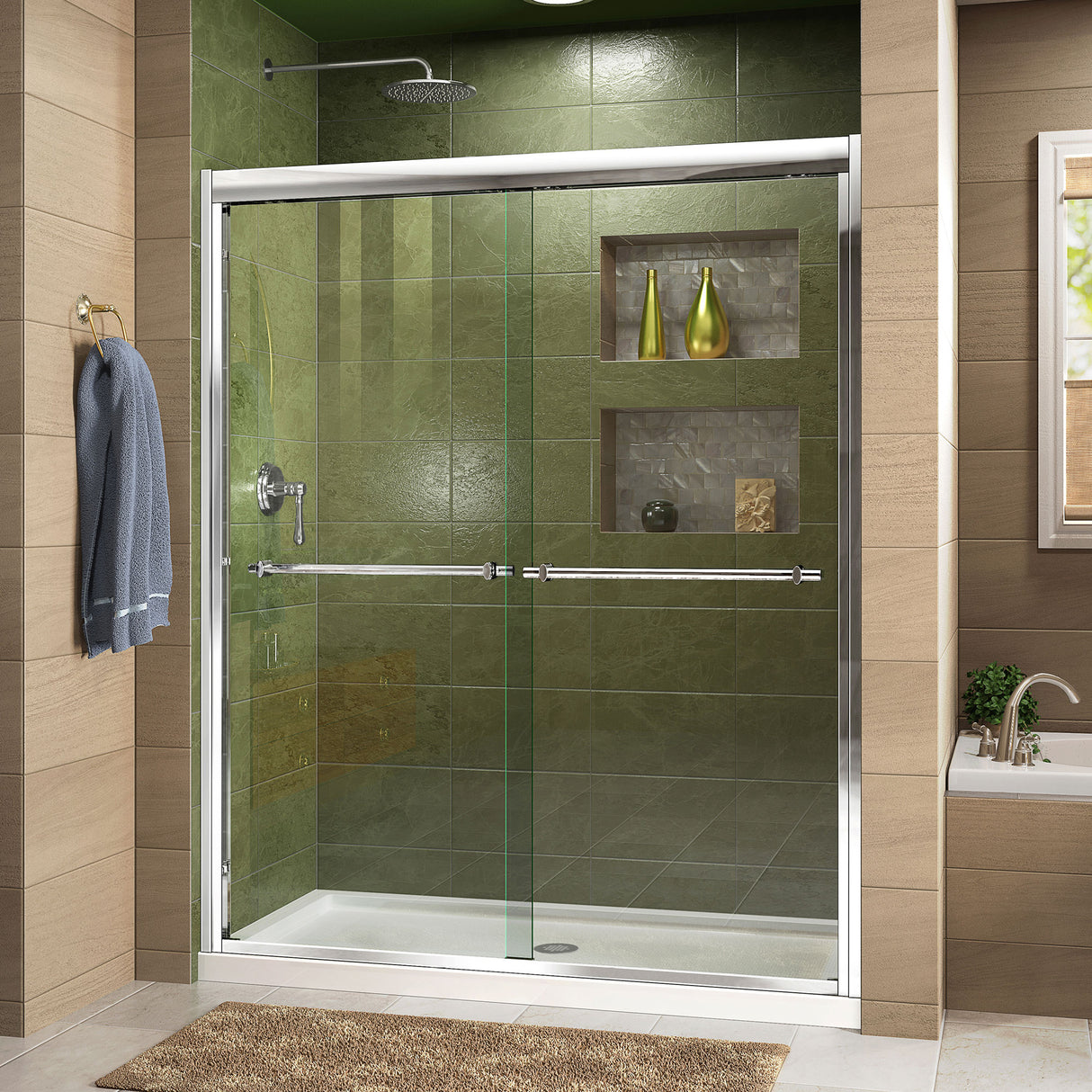 DreamLine Duet 30 in. D x 60 in. W x 74 3/4 in. H Semi-Frameless Bypass Shower Door in Chrome with Center Drain White Base Kit