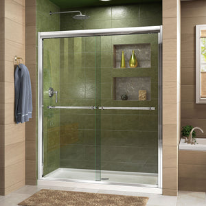 DreamLine Duet 36 in. D x 60 in. W x 74 3/4 in. H Semi-Frameless Bypass Shower Door in Chrome and Center Drain White Base