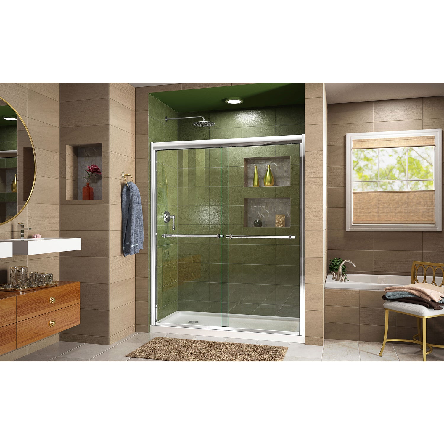 DreamLine Duet 34 in. D x 60 in. W x 74 3/4 in. H Semi-Frameless Bypass Shower Door in Chrome and Left Drain White Base