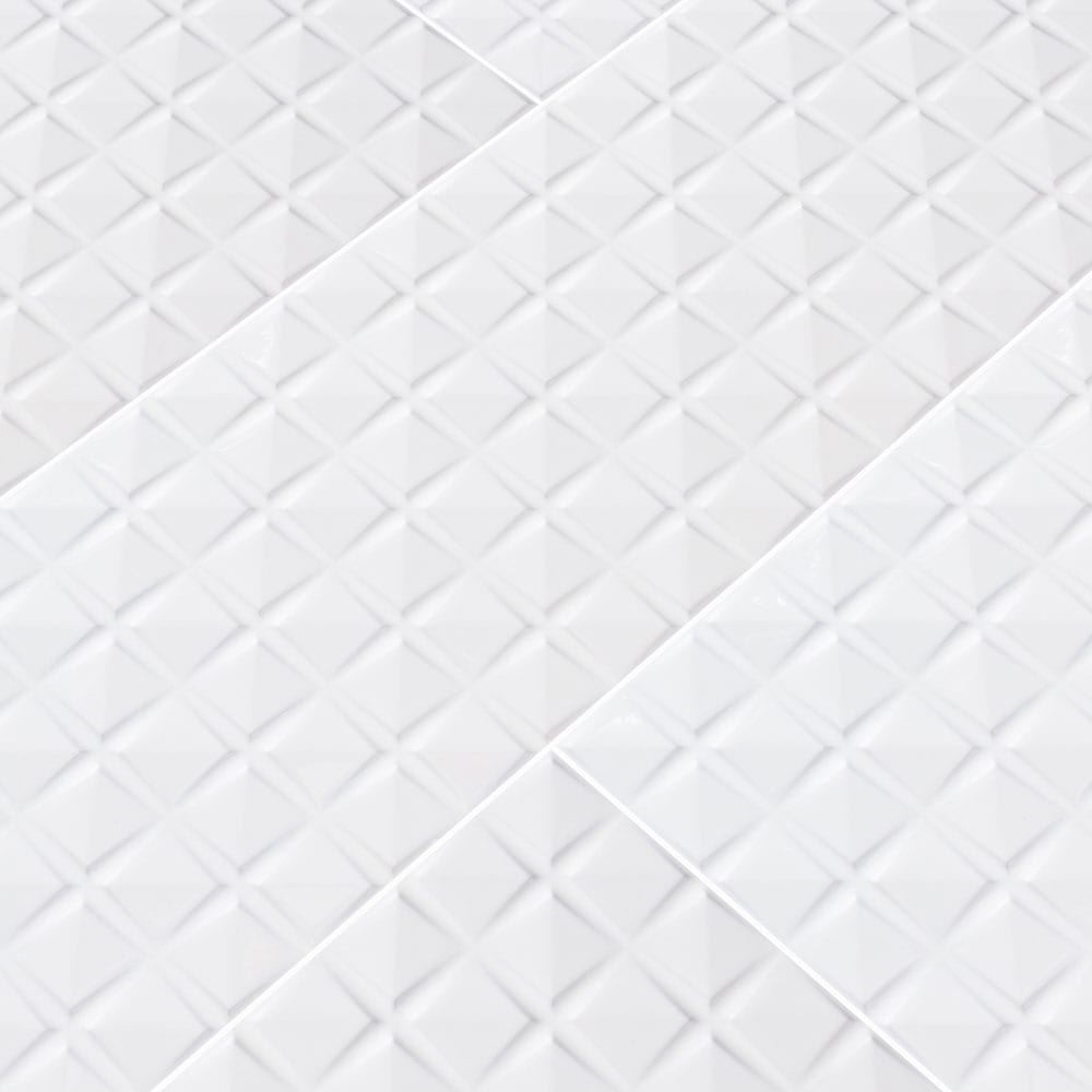 Dymo chex white 12x36 glossy ceramic wall tile NDYMCHEWHI1236 N product shot multiple tiles angle view #Size_12"x36"