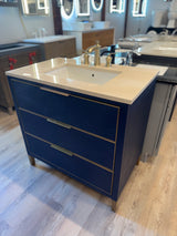 36" Navy Vanity Set with Tan Marble Vanity Top with Brass Widespread Faucet