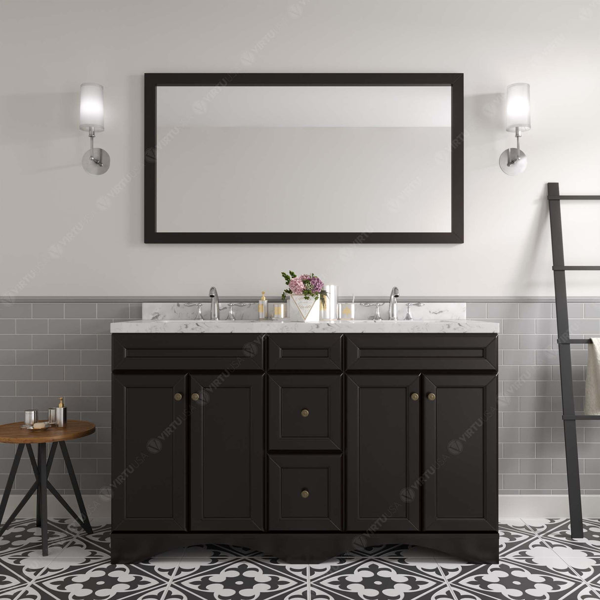 Virtu USA Talisa 60" Double Bath Vanity with White Quartz Top and Round Sinks with Brushed Nickel Faucets with Matching Mirror