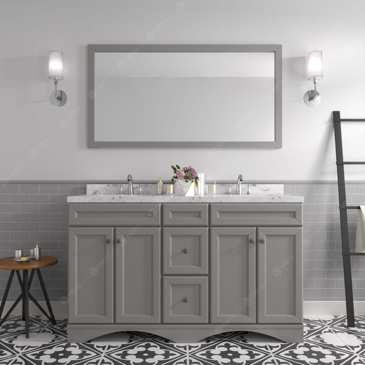 Virtu USA Talisa 60" Double Bath Vanity with White Quartz Top and Round Sinks with Brushed Nickel Faucets with Matching Mirror