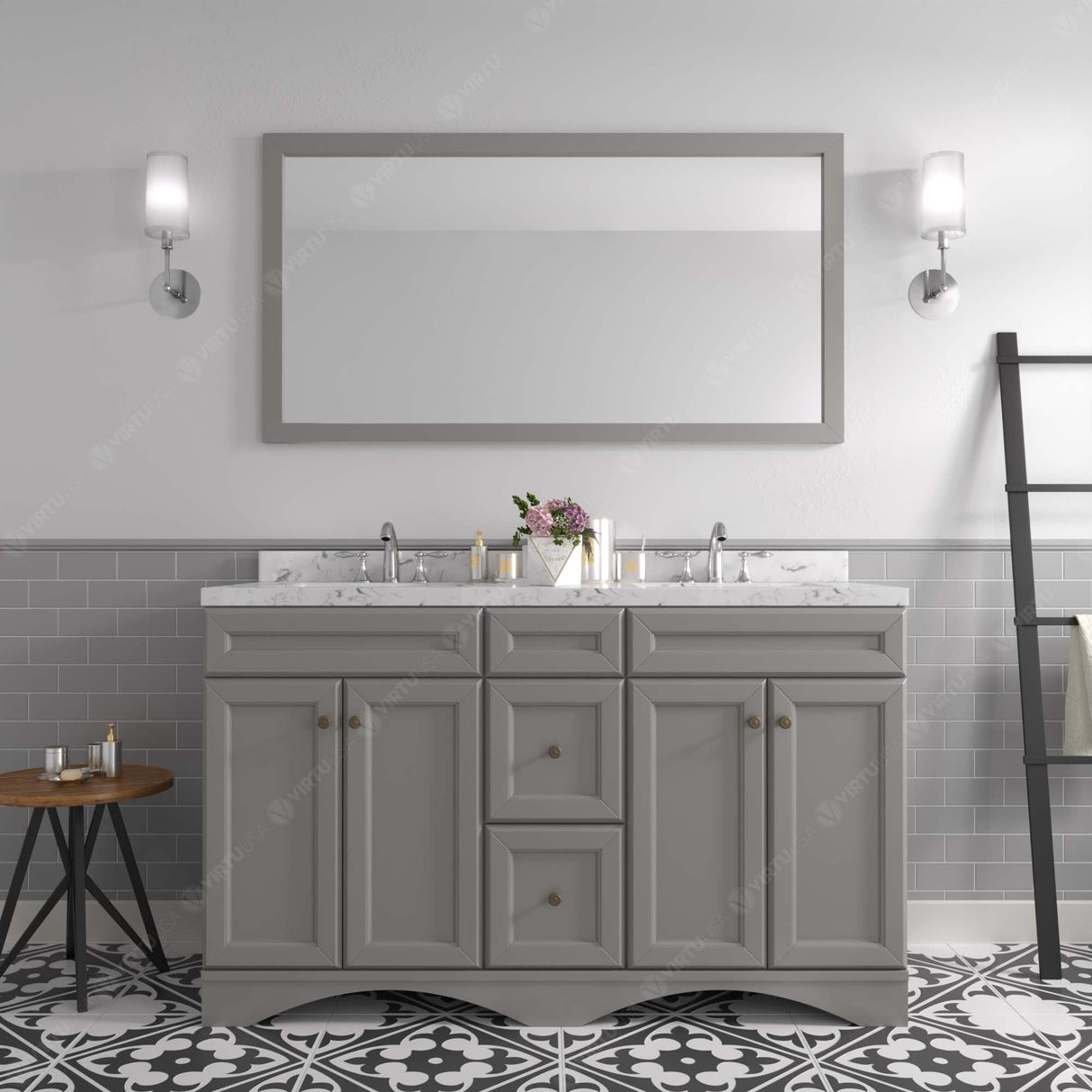 Virtu USA Talisa 60" Double Bath Vanity in White with White Quartz Top and Round Sinks with Polished Chrome Faucets with Matching Mirror