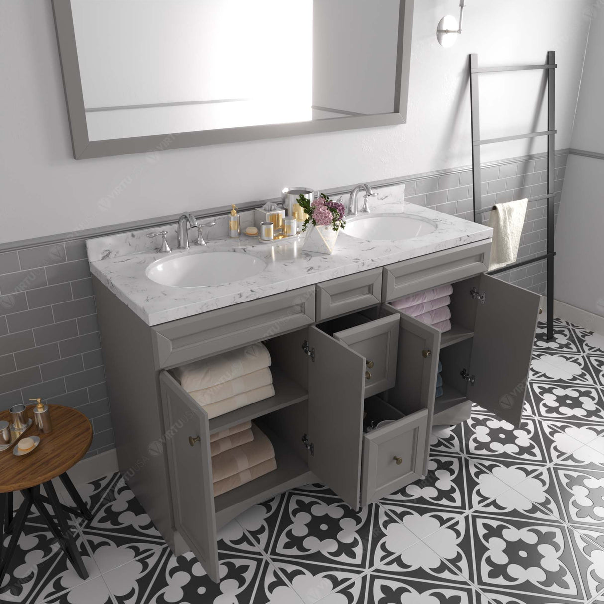 Virtu USA Talisa 60" Double Bath Vanity with White Quartz Top and Round Sinks with Brushed Nickel Faucets with Matching Mirror