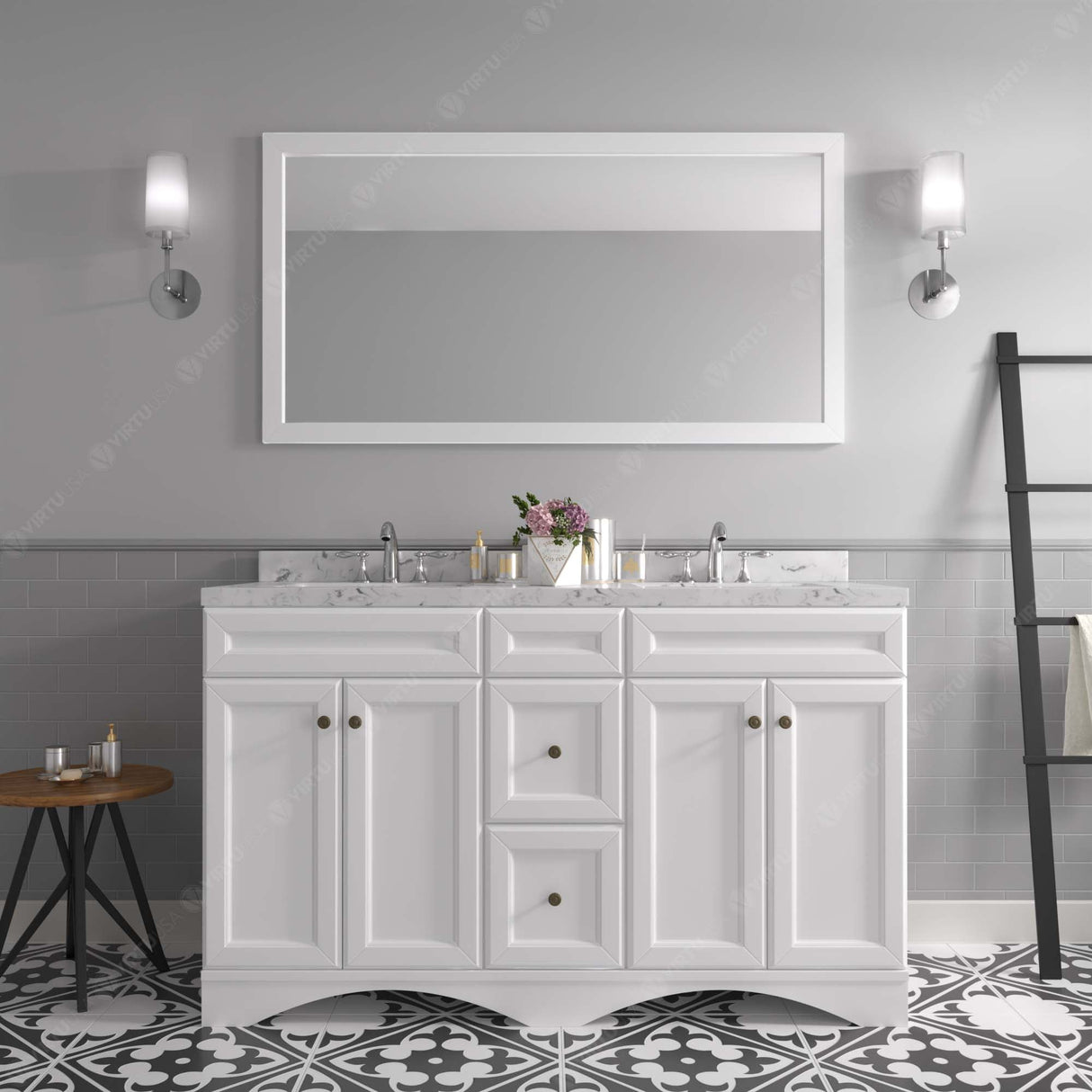 Virtu USA Talisa 60" Double Bath Vanity with White Quartz Top and Round Sinks with Brushed Nickel Faucets with Matching Mirror