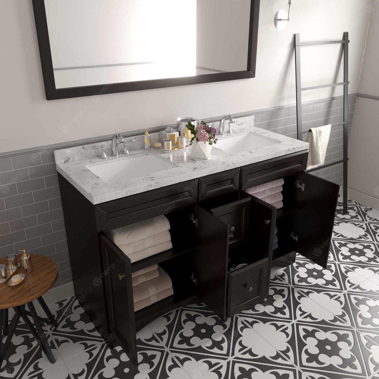 Virtu USA Talisa 60" Double Bath Vanity in White with White Quartz Top and Square Sinks with Matching Mirror