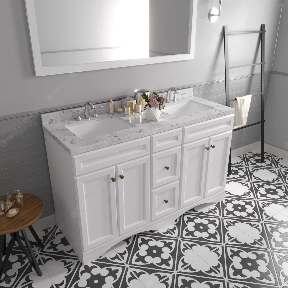 Virtu USA Talisa 60" Double Bath Vanity in White with White Quartz Top and Square Sinks with Matching Mirror