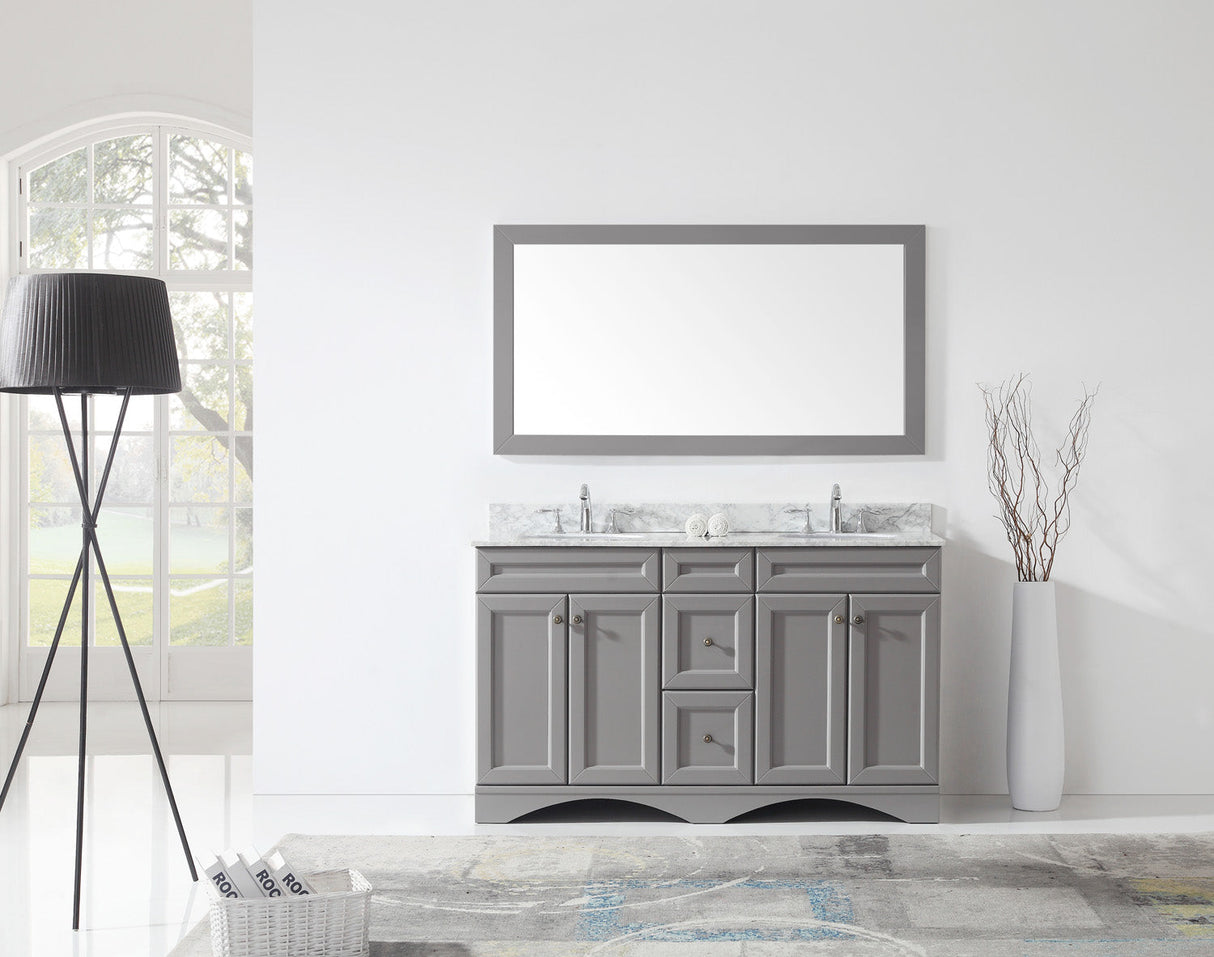 Virtu USA Talisa 60" Double Bath Vanity with White Marble Top and Round Sinks with Brushed Nickel Faucets with Matching Mirror