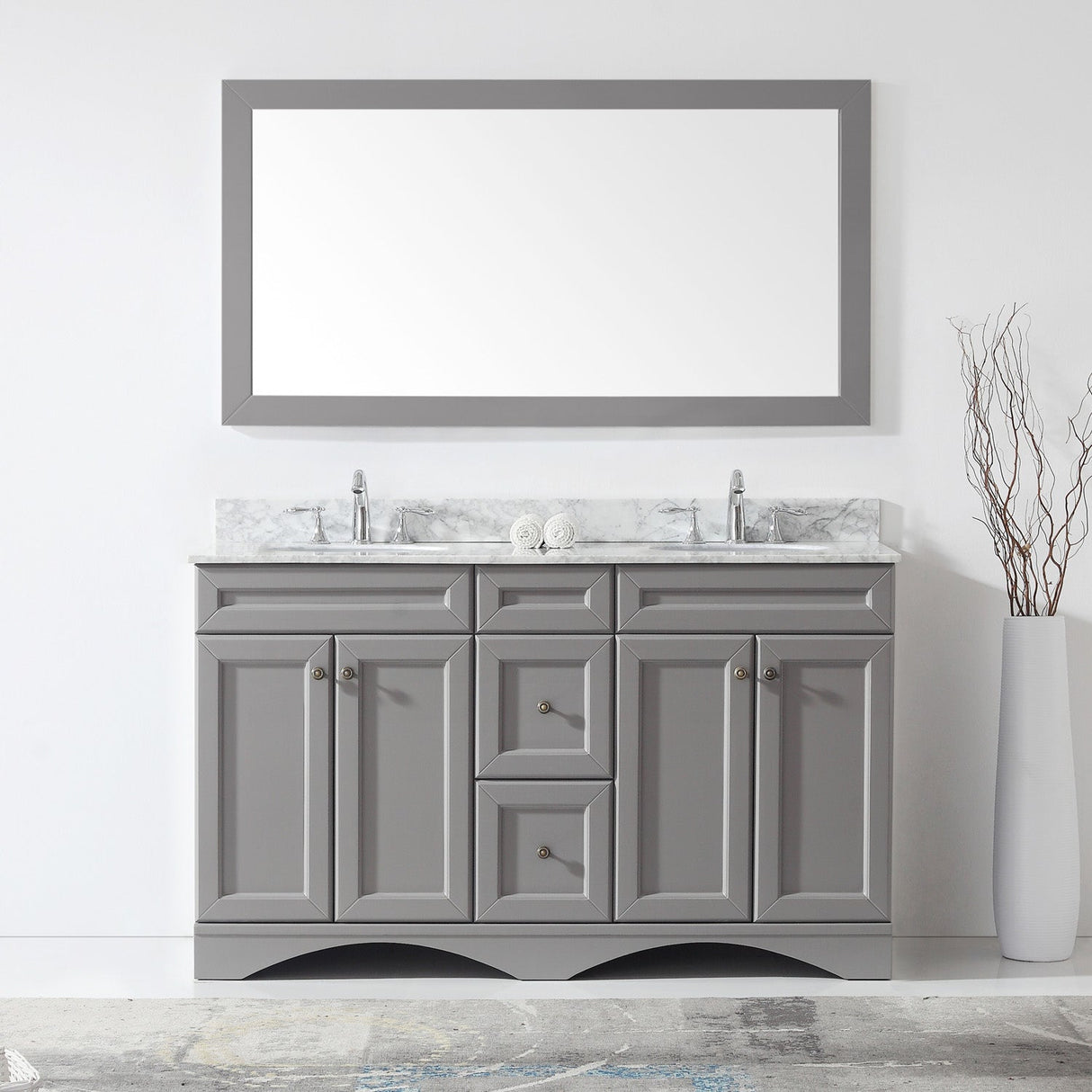 Virtu USA Talisa 60" Double Bath Vanity with White Marble Top and Round Sinks with Polished Chrome Faucets with Matching Mirror