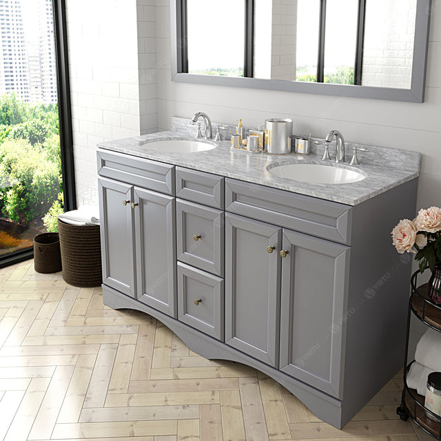 Virtu USA Talisa 60" Double Bath Vanity with White Marble Top and Round Sinks with Matching Mirror