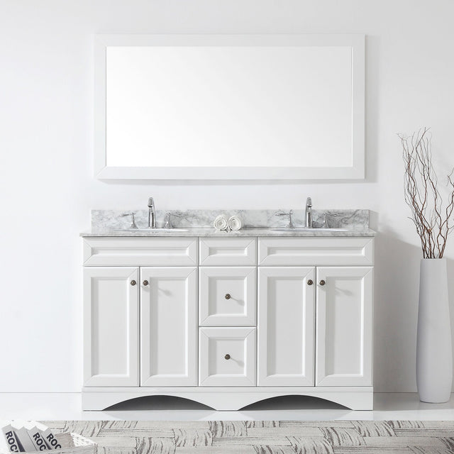 Virtu USA Talisa 60" Double Bath Vanity with White Marble Top and Round Sinks with Matching Mirror