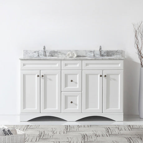 Virtu USA Talisa 60" Double Bath Vanity in White with White Marble Top and Round Sinks with Brushed Nickel Faucets