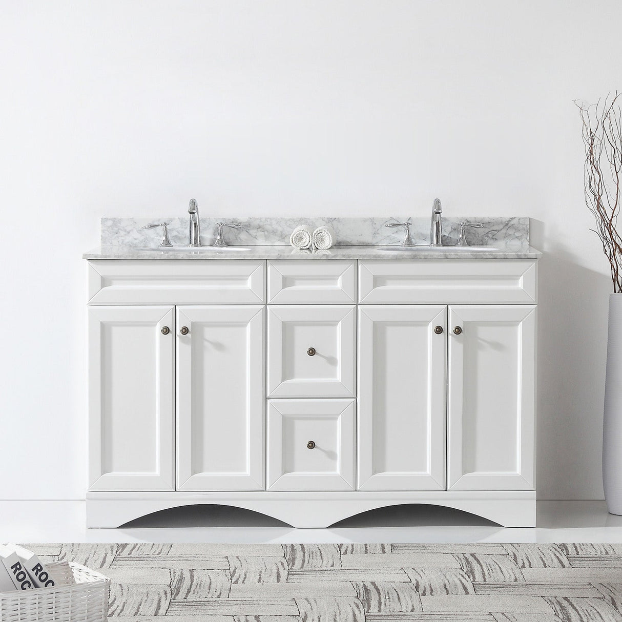 Virtu USA Talisa 60" Double Bath Vanity in White with White Marble Top and Round Sinks with Polished Chrome Faucets