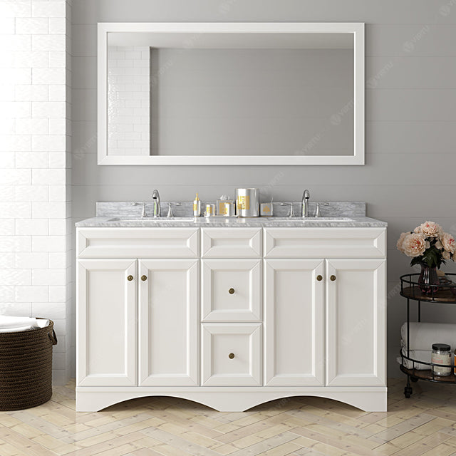 Virtu USA Talisa 60" Double Bath Vanity with White Marble Top and Round Sinks with Brushed Nickel Faucets with Matching Mirror