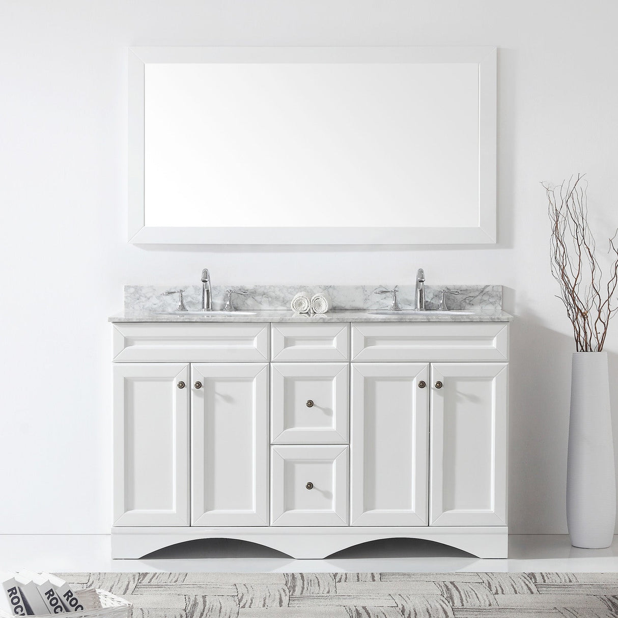 Virtu USA Talisa 60" Double Bath Vanity with White Marble Top and Round Sinks with Brushed Nickel Faucets with Matching Mirror