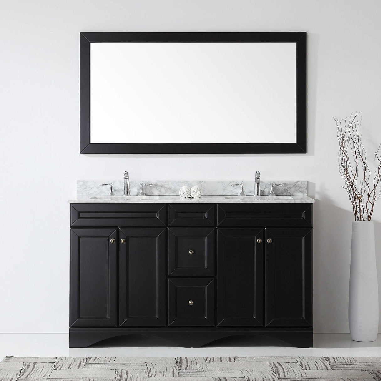 Virtu USA Talisa 60" Double Bath Vanity with White Marble Top and Square Sinks with Brushed Nickel Faucets with Matching Mirror