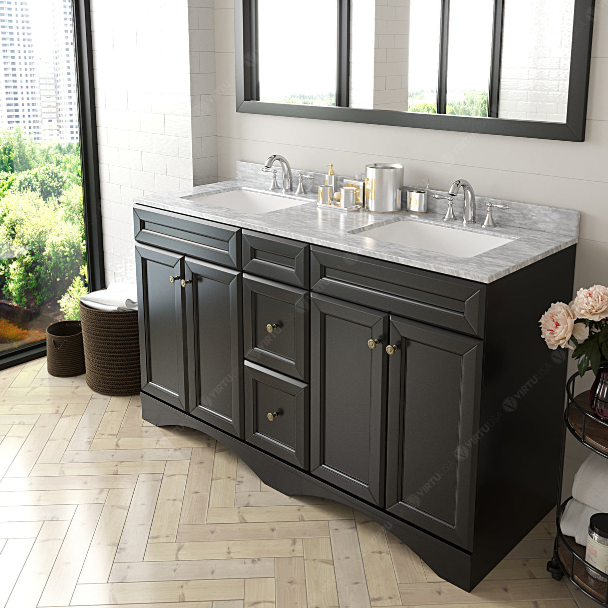 Virtu USA Talisa 60" Double Bath Vanity with White Marble Top and Square Sinks with Polished Chrome Faucets with Matching Mirror