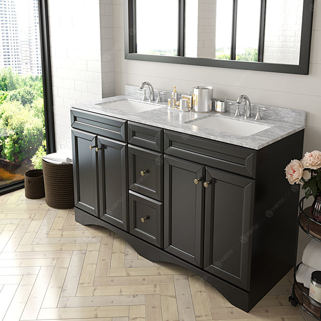 Virtu USA Talisa 60" Double Bath Vanity with White Marble Top and Square Sinks with Matching Mirror