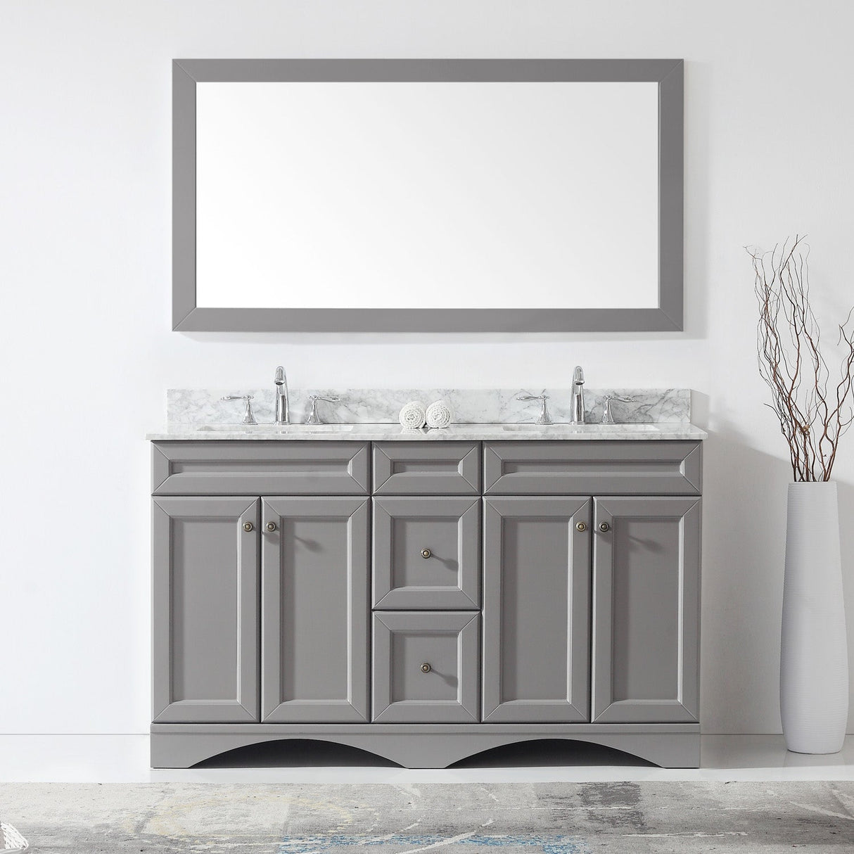 Virtu USA Talisa 60" Double Bath Vanity with White Marble Top and Square Sinks with Polished Chrome Faucets with Matching Mirror